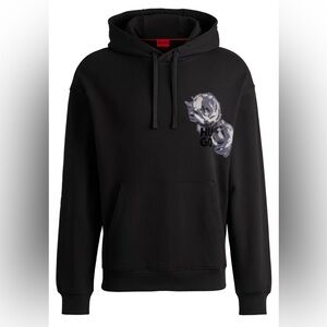 NWT Men’s Size Medium Hugo Terry Cotton Hoodie With Floral & Logo Prints Black